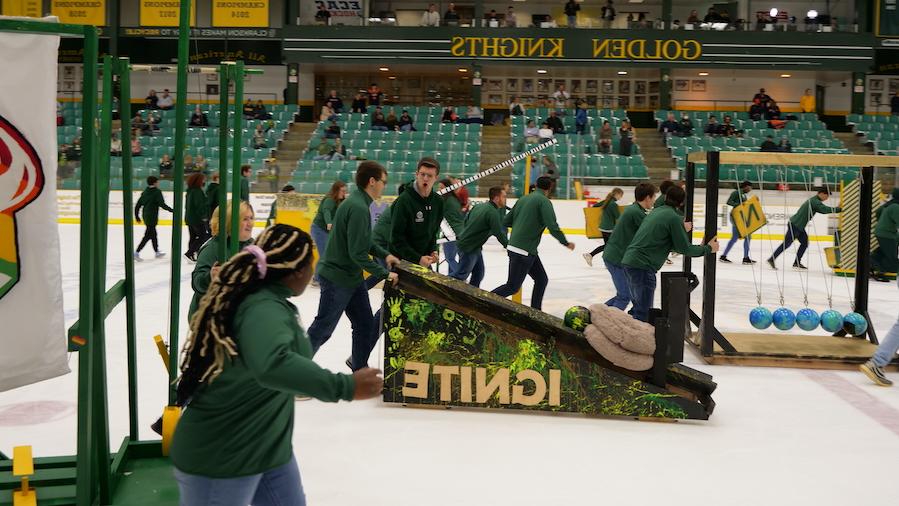 Mock hockey set up on the ice.